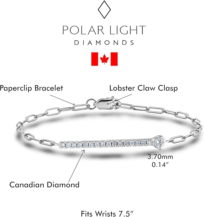 925 sterling Silver line Canadian diamond paperclip bracelet with lobster claw clasp measurements against a white background. Bracelet fits wrist size 7.5 inches.