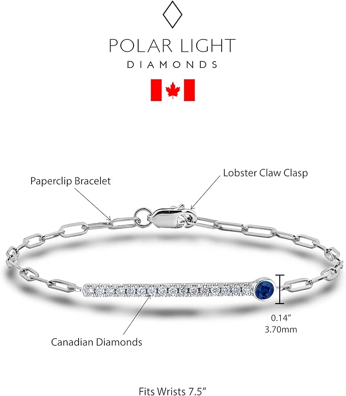 925 Sterling silver paperclip bracelet with lobster clasp featuring a bar design with Canadian diamonds and sapphire, fits wrist size 7.5 inches.