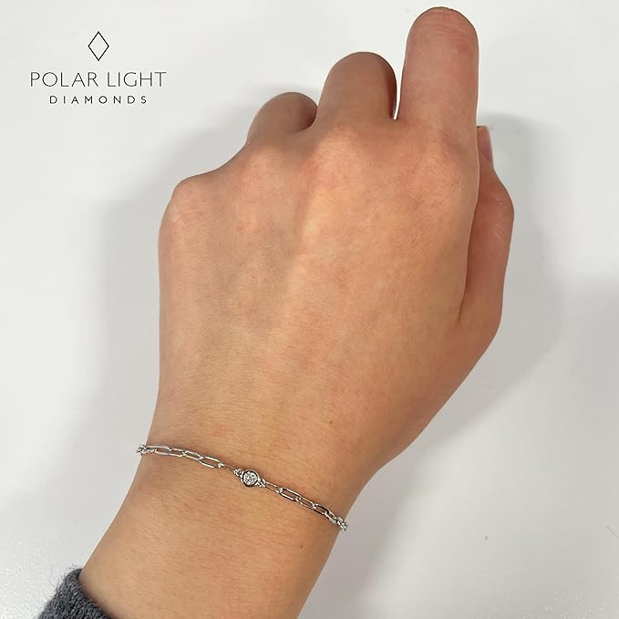 925 Sterling Silver Natural Solitaire Bezel Set Canadian Diamond Paperclip Bracelet