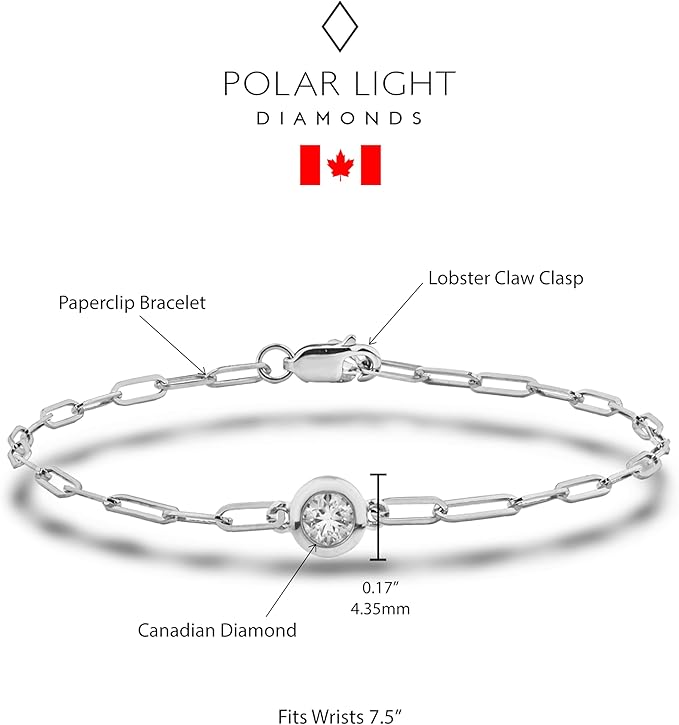 925 Sterling Silver Natural Solitaire Bezel Set Canadian Diamond Paperclip Bracelet