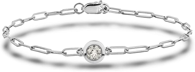 925 Sterling Silver Natural Solitaire Bezel Set Canadian Diamond Paperclip Bracelet