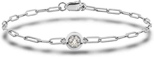 925 Sterling Silver Natural Solitaire Bezel Set Canadian Diamond Paperclip Bracelet
