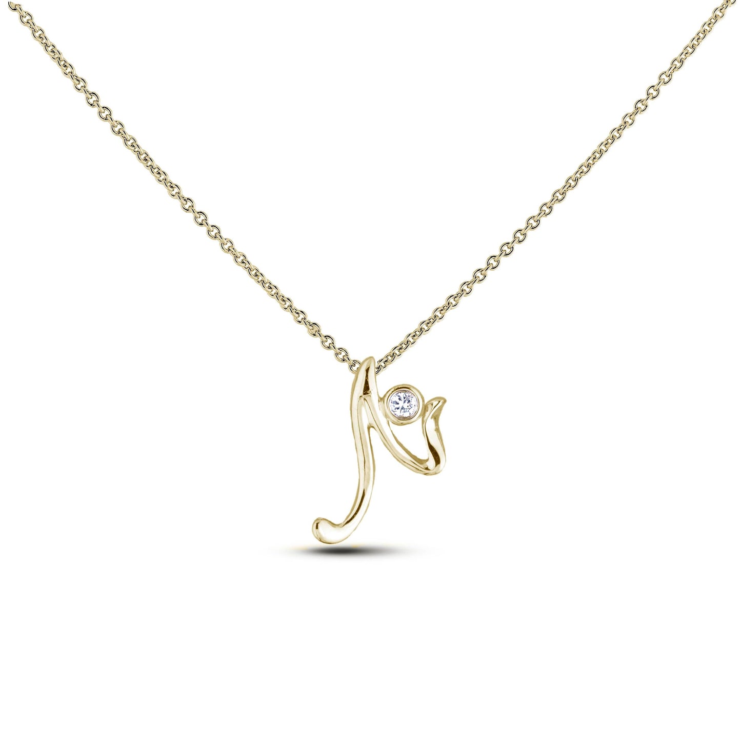 Yellow Gold Canadian diamond pendant necklace featuring a script alphabet letter N design, displayed on a matching silver rolo chain.

