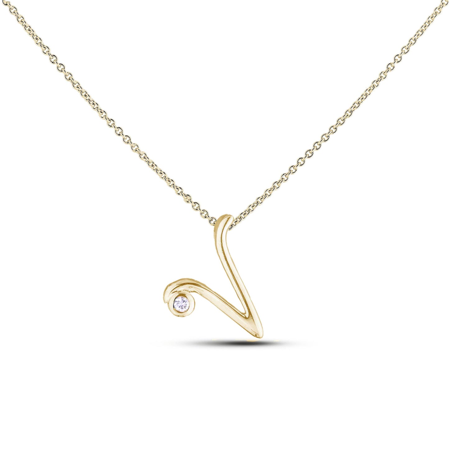 Yellow Gold Canadian diamond pendant necklace featuring a script alphabet letter U design, displayed on a matching silver rolo chain.

