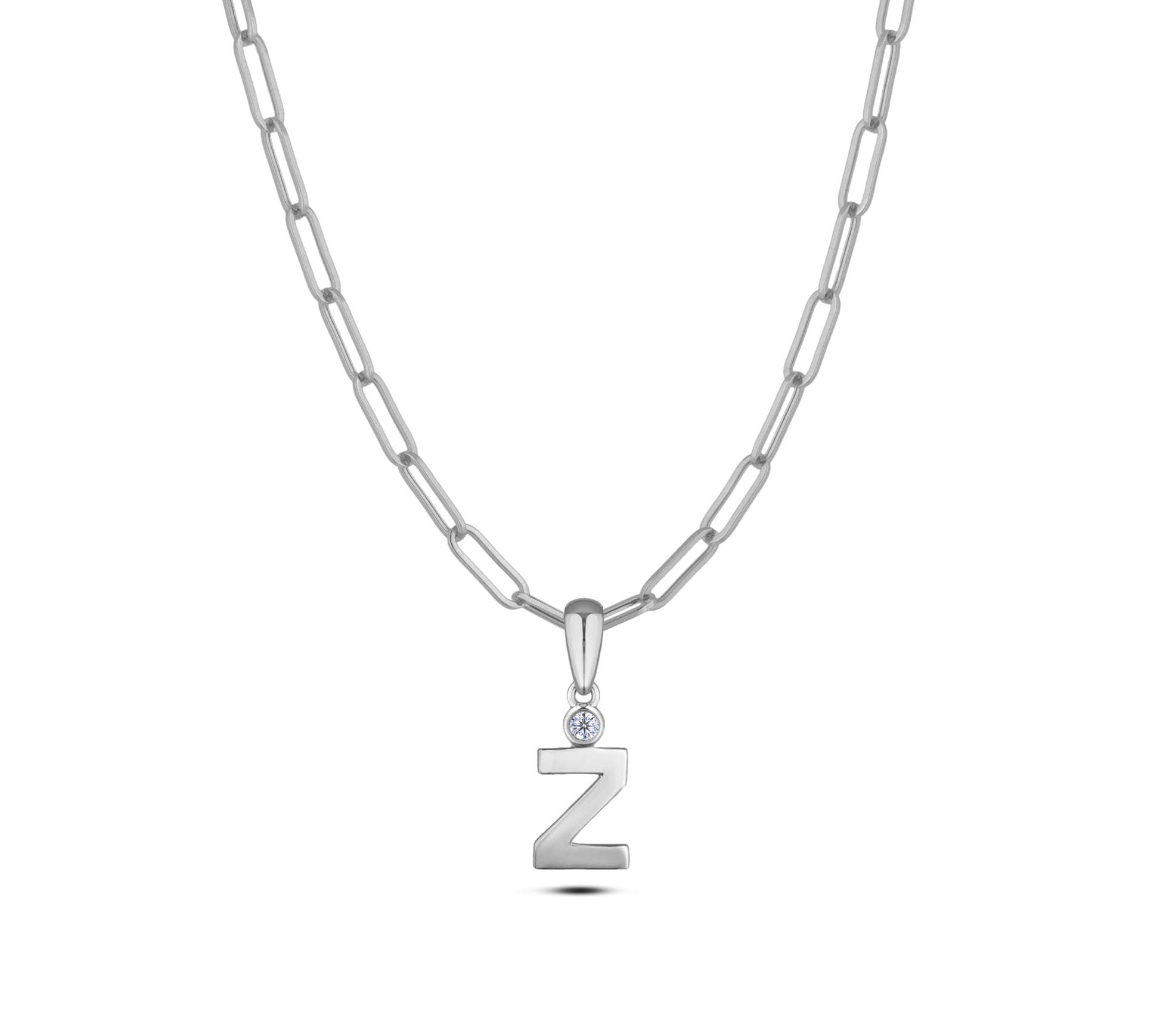 Sterling silver Canadian diamond pendant necklace featuring a black style letter Z design, displayed on a matching silver paperclip chain.
