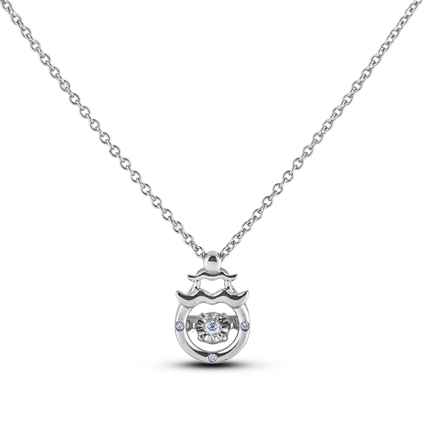 Sterling silver Canadian diamond pendant necklace featuring an Aquarius zodiac horoscope design, displayed on a matching silver chain.
