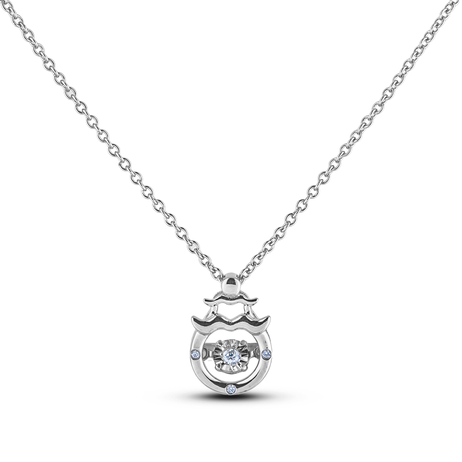 Sterling silver Canadian diamond pendant necklace featuring an Aquarius zodiac horoscope design, displayed on a matching silver chain.

