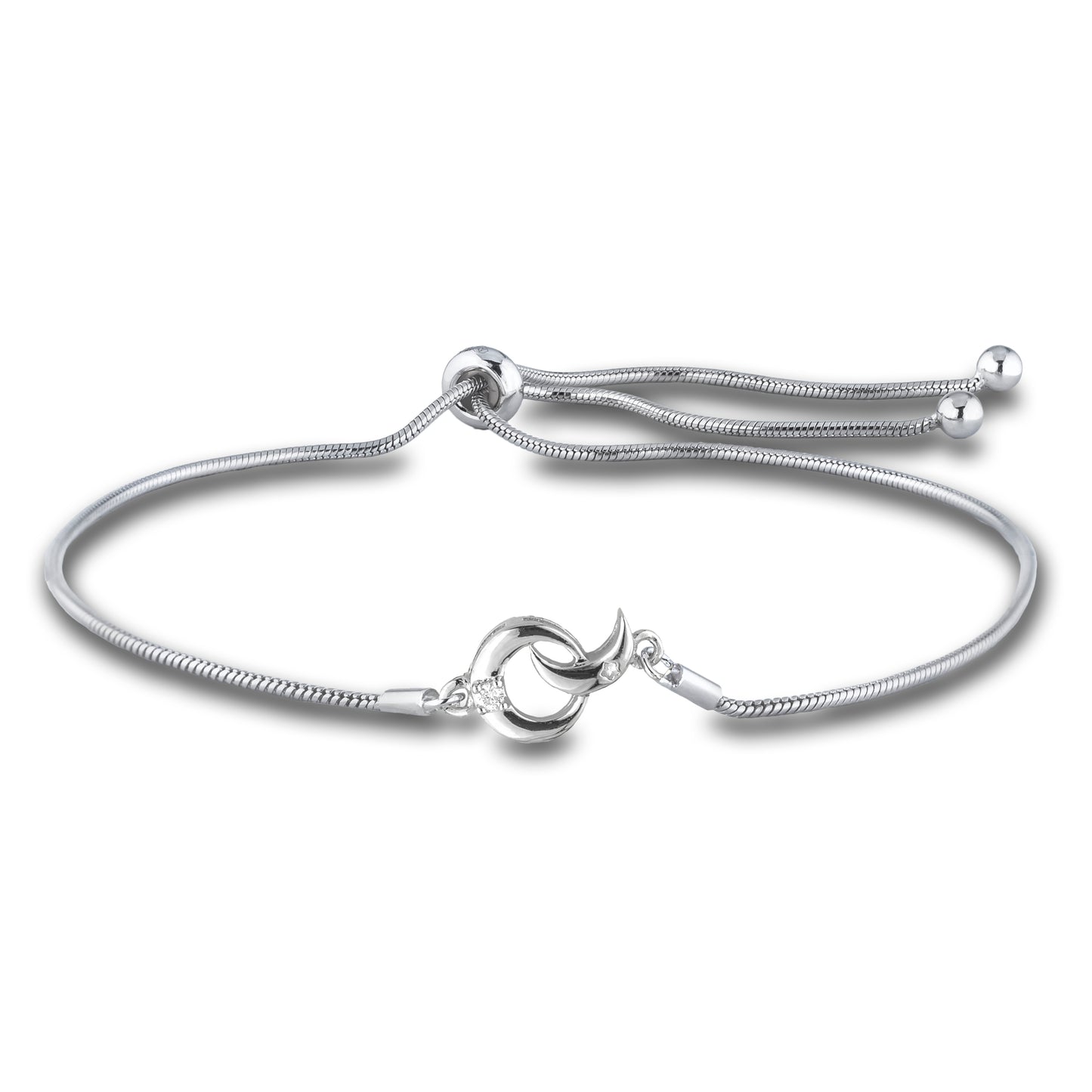 Sterling silver moon bolo style bracelet featuring a round brilliant cut, canadian diamond.