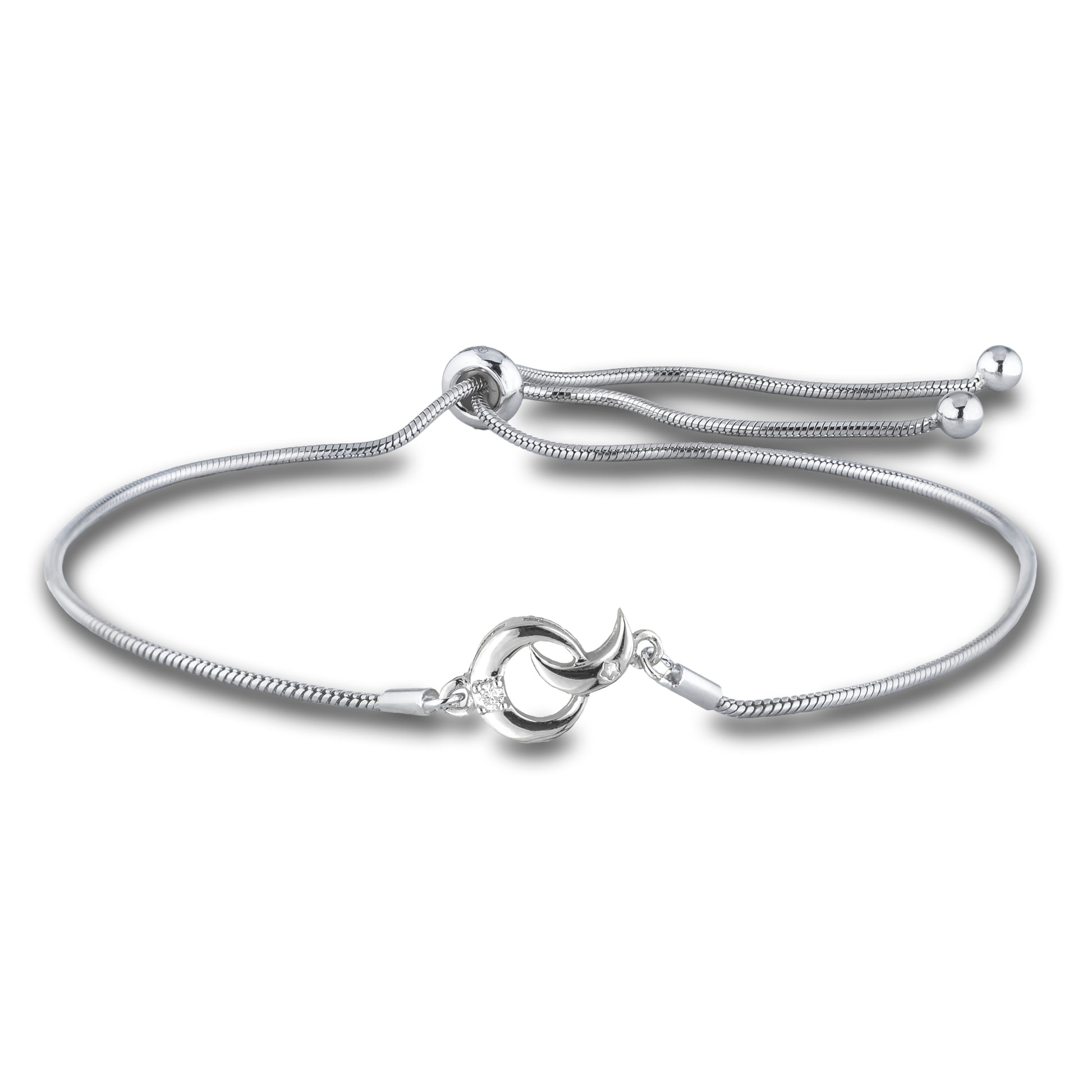 Sterling silver moon bolo style bracelet featuring a round brilliant cut, canadian diamond.