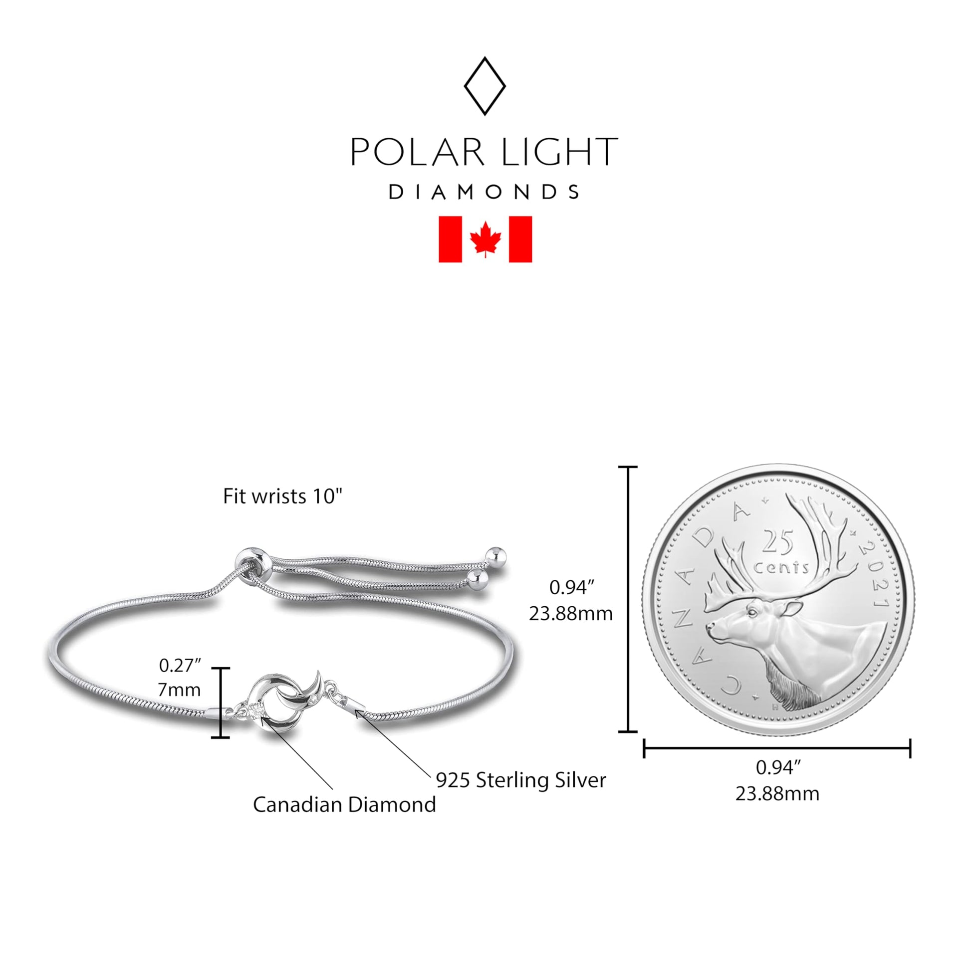 Size reference of Sterling silver moon bolo style bracelet featuring a round brilliant cut, canadian diamond to a Canadian quarter. 