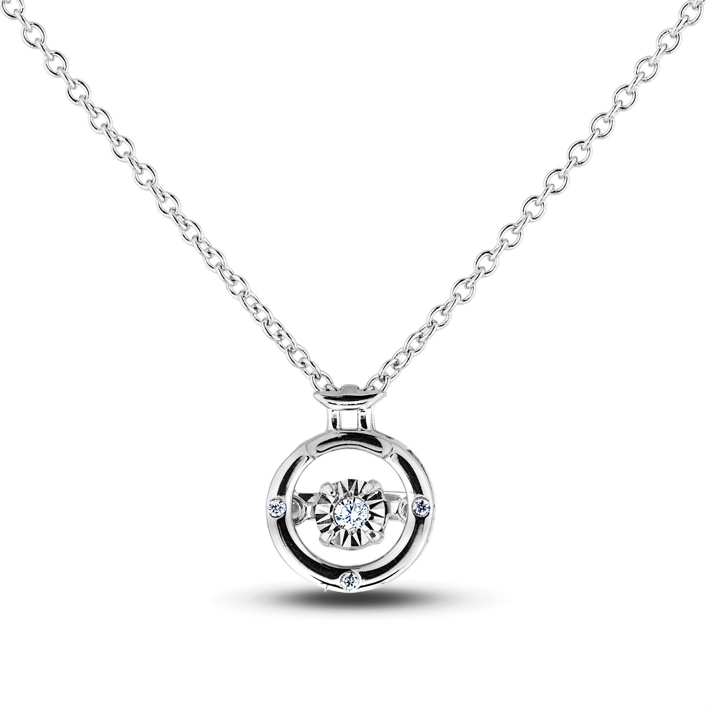 Sterling silver Canadian diamond pendant necklace featuring a Gemini zodiac horoscope design, displayed on a matching silver chain.
