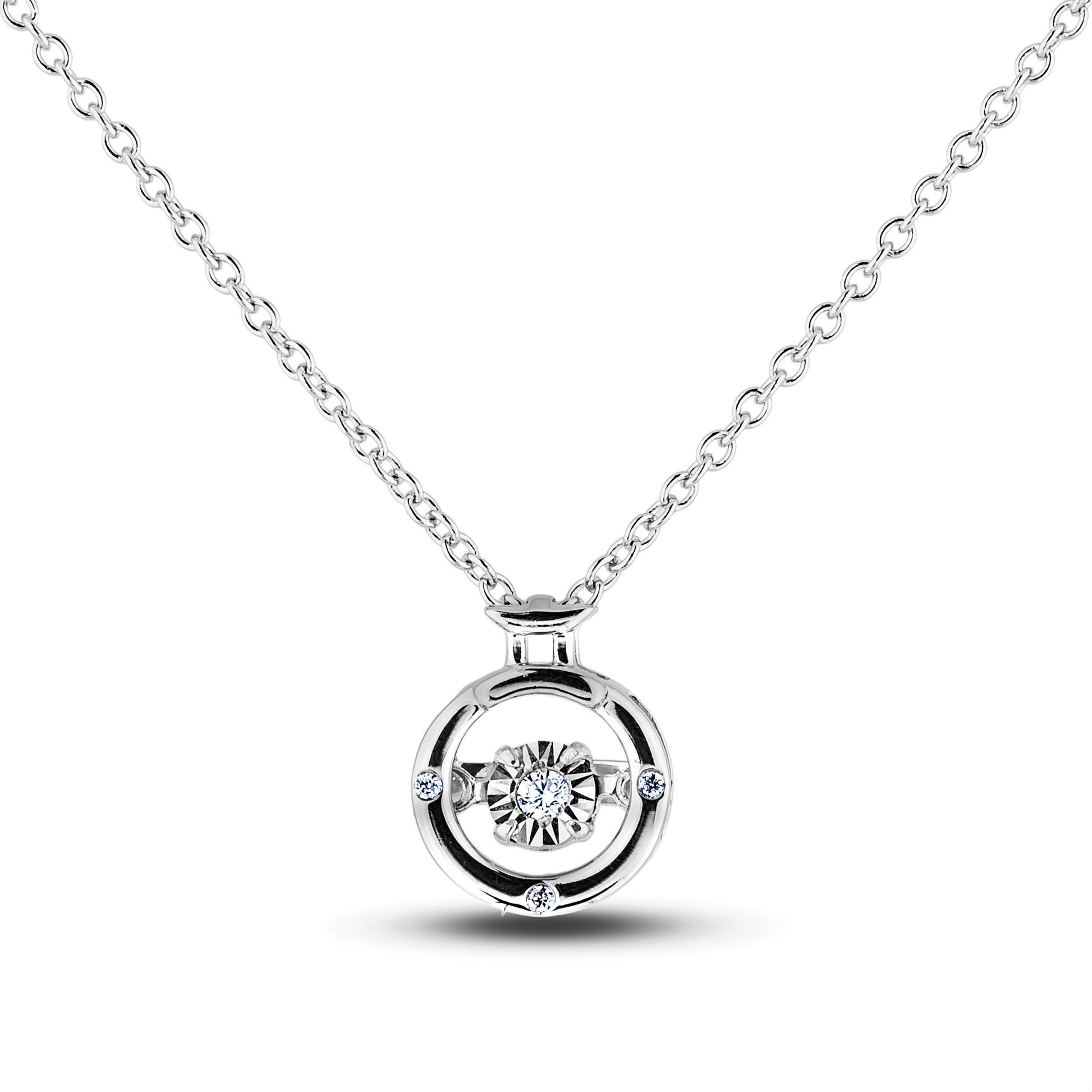 Sterling silver Canadian diamond pendant necklace featuring a Gemini zodiac horoscope design, displayed on a matching silver chain.
