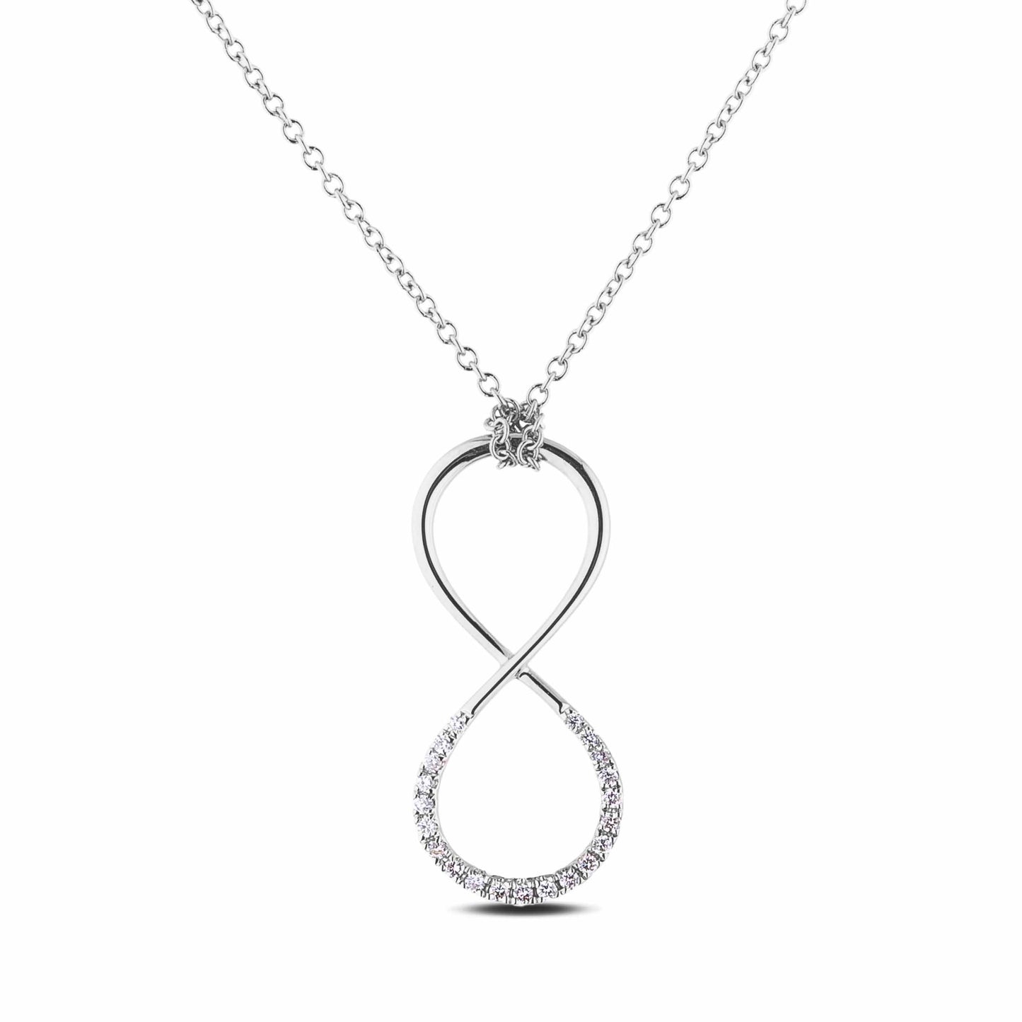 Sterling silver vertical infinity necklace featuring a polished top loop and a lower loop with natural Canadian diamonds. The pendant hangs from a delicate rolo chain.