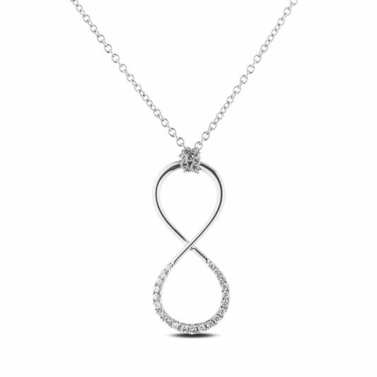 Sterling silver vertical infinity necklace featuring a polished top loop and a lower loop with natural Canadian diamonds. The pendant hangs from a delicate rolo chain.