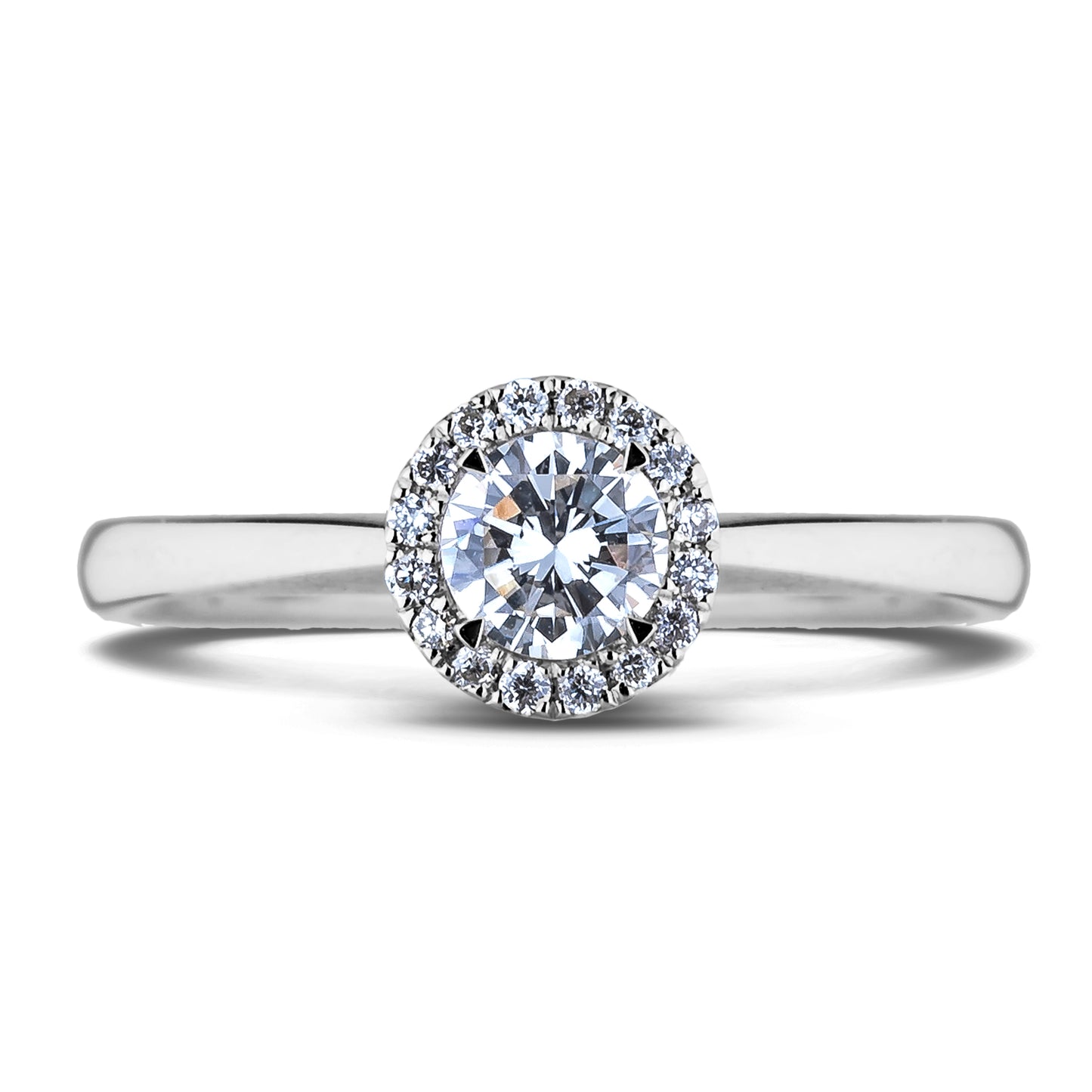 Diamond engagement ring with a halo on a white background