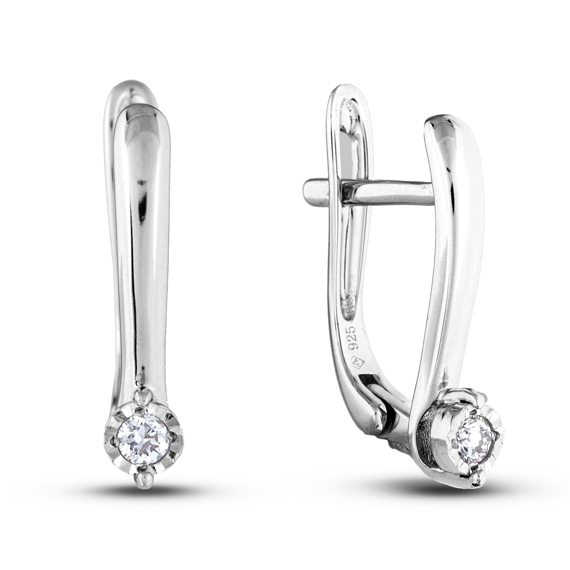 Pair of silver earrings with Canadian diamonds on a white background