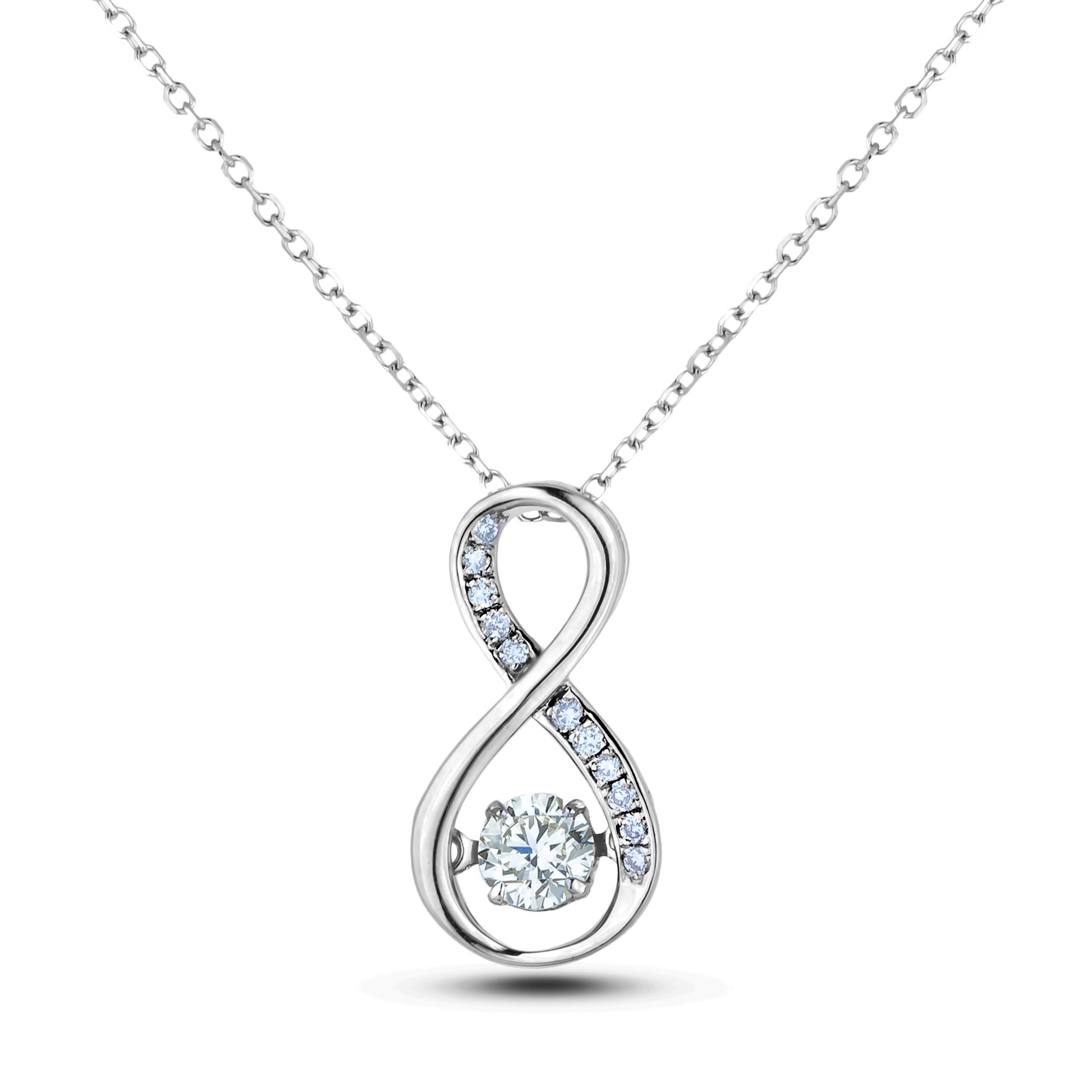 Silver infinity-shaped diamond pendant necklace with center dancing diamond on a white background