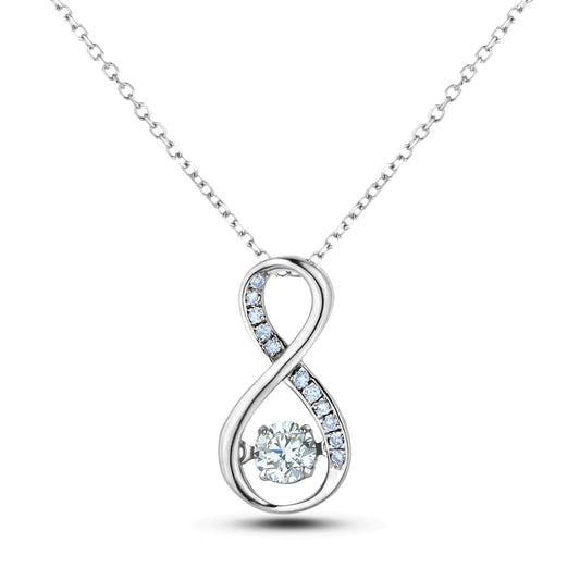 Silver infinity-shaped diamond pendant necklace with center dancing diamond on a white background