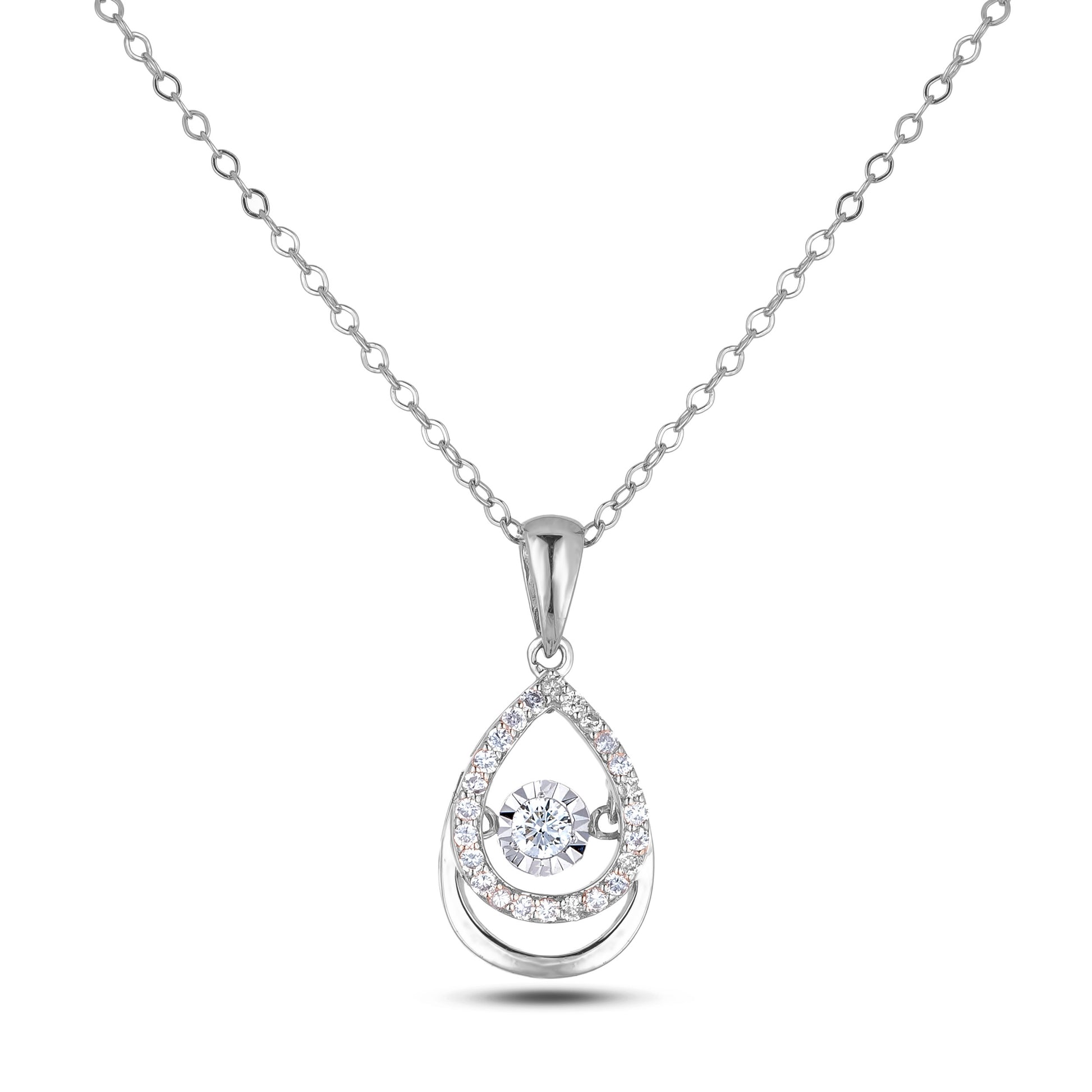 Silver teardrop-shaped diamond pendant necklace with dancing center on a white background