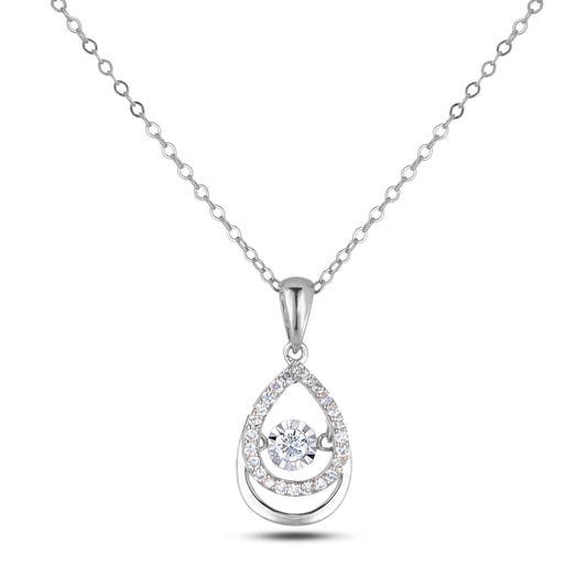 Silver teardrop-shaped diamond pendant necklace with dancing center on a white background