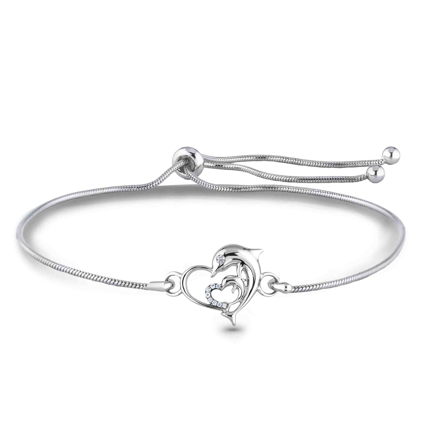 Sterling silver bolo bracelet with heart and dolphin design and Canadian diamonds on a white background