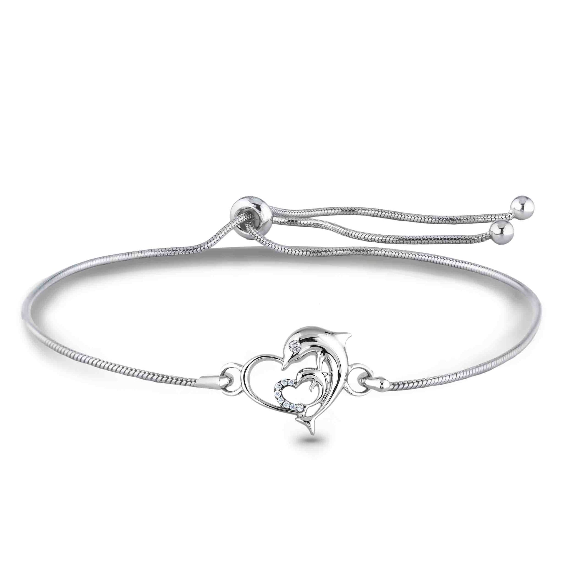 Sterling silver bolo bracelet with heart and dolphin design and Canadian diamonds on a white background