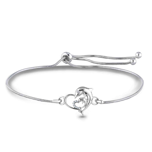 Sterling silver bolo bracelet with heart and dolphin design and Canadian diamonds on a white background