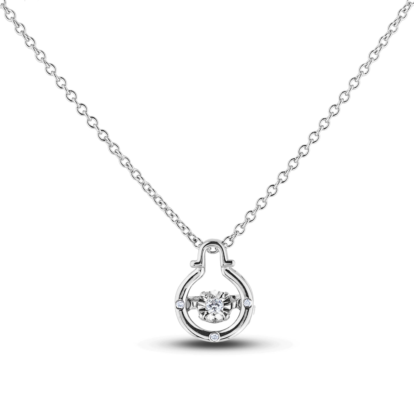 Sterling silver Canadian diamond pendant necklace featuring a Libra zodiac horoscope design, displayed on a matching silver chain.
