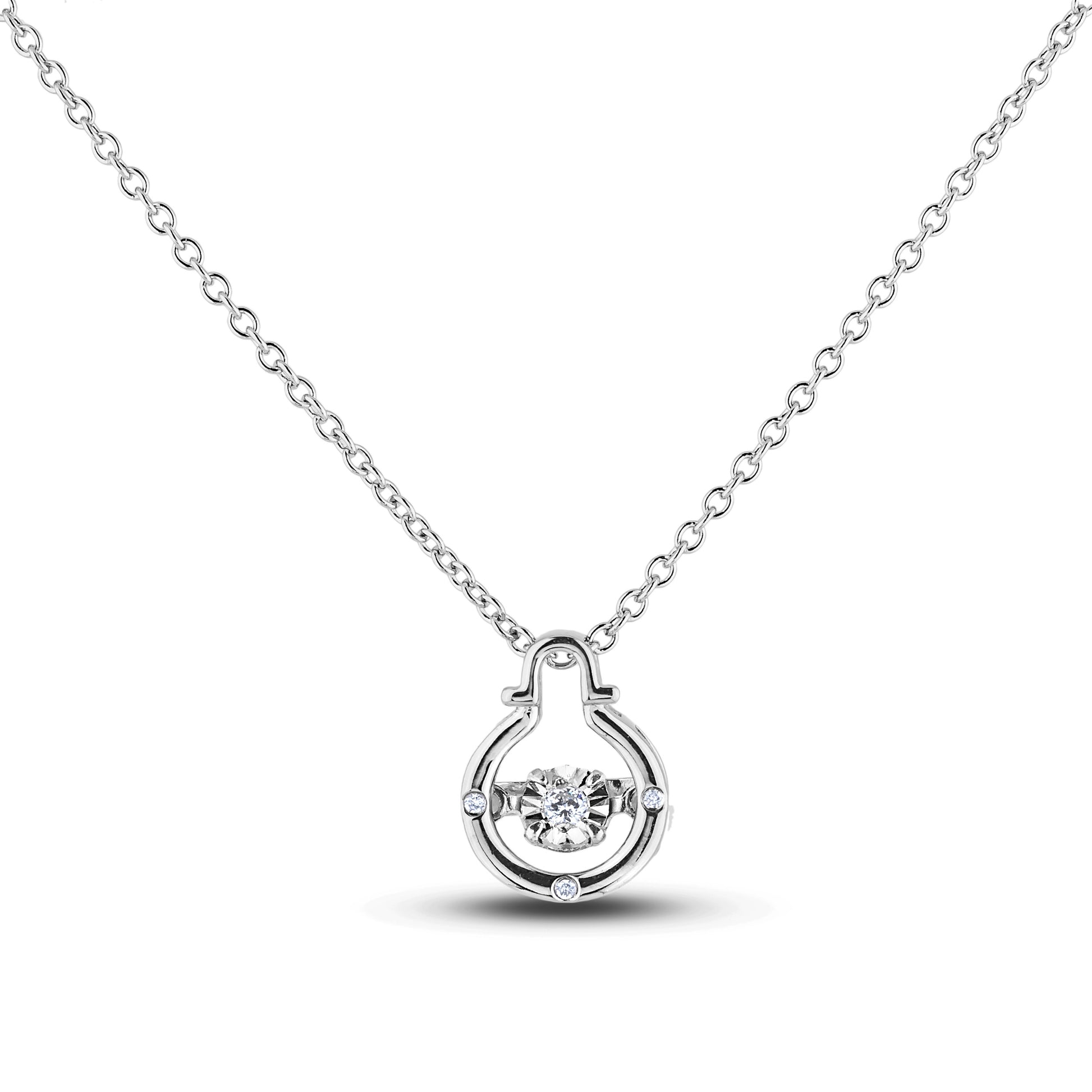 Sterling silver Canadian diamond pendant necklace featuring a Libra zodiac horoscope design, displayed on a matching silver chain.
