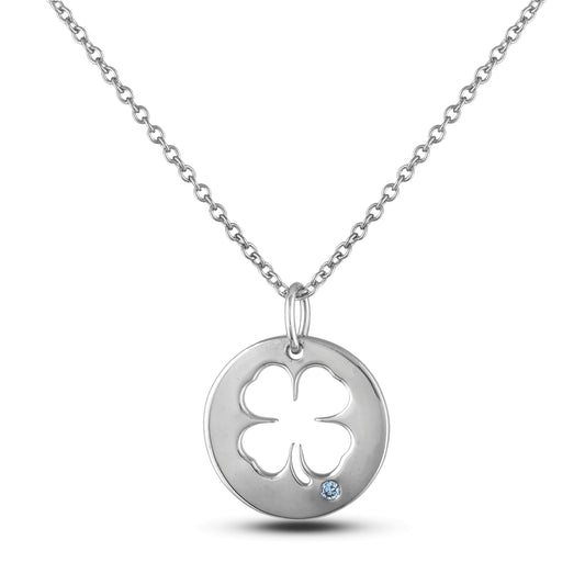 Picture of clover outline St.Patrick's day charm necklace. Sterling silver material with 0.02ct Canadian diamond.