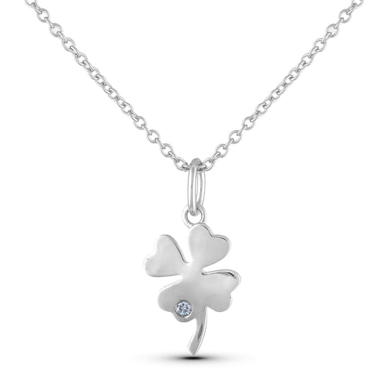Product picture of a close up clover pendant, sterling silver with a 0.02 ct Canadian diamond.