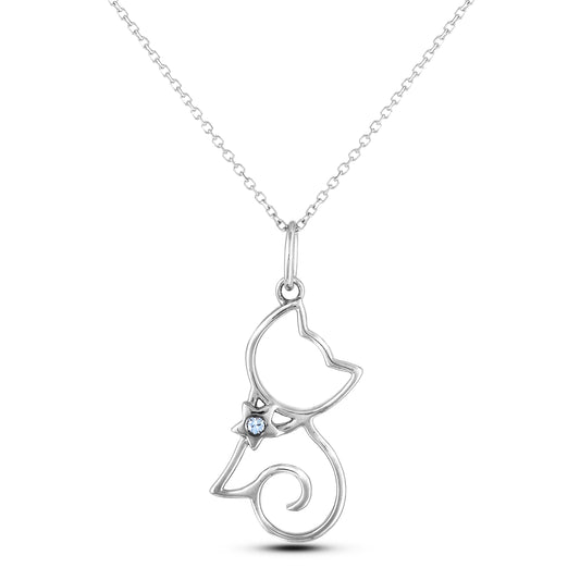 Sterling silver cat pendant featuring a round brilliant cut, canadian diamond in the center.
