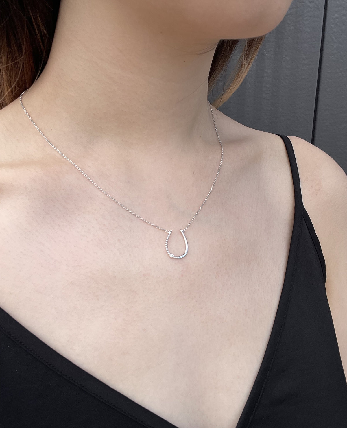 Model wearing a sterling silver horseshoe-shaped pendant necklace, featuring a delicate Canadian diamond accent and a fine rolo chain against a black top.