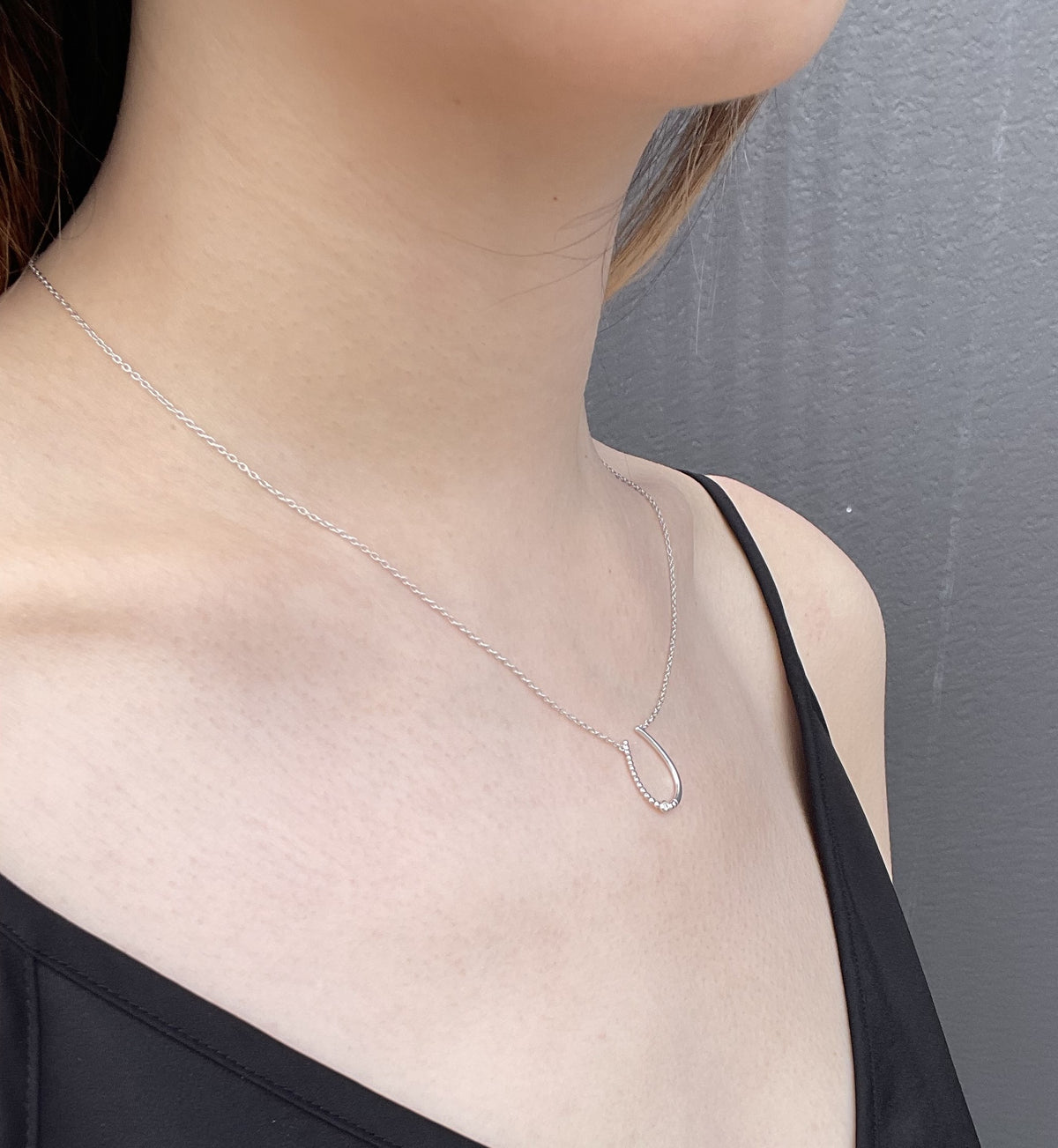 Model wearing a sterling silver horseshoe-shaped pendant necklace, featuring a delicate Canadian diamond accent and a fine rolo chain against a black top.
