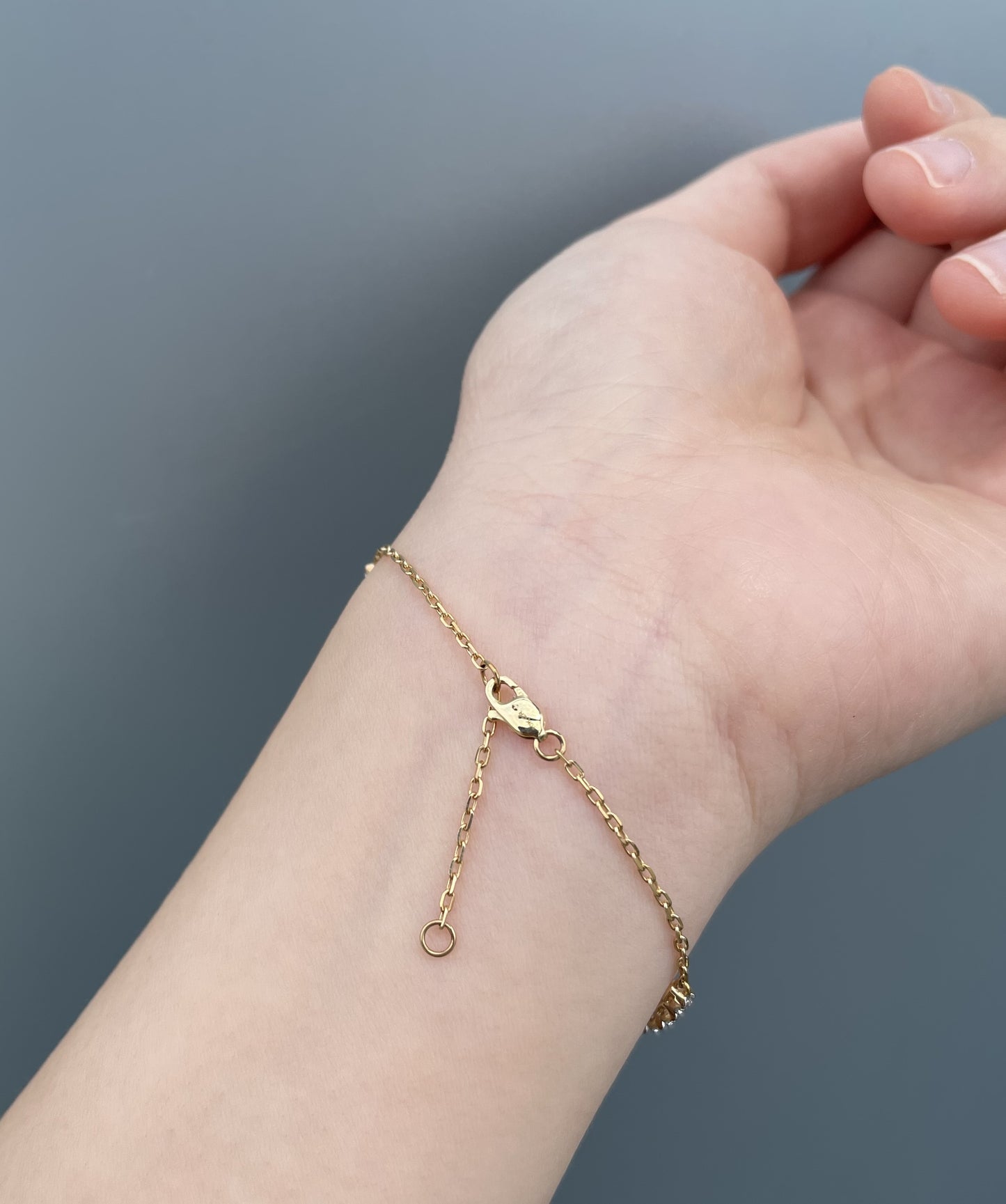 A 10K gold chain bracelet with a lobster clasp and extender chain, shown worn on a person's wrist against a soft gray background.