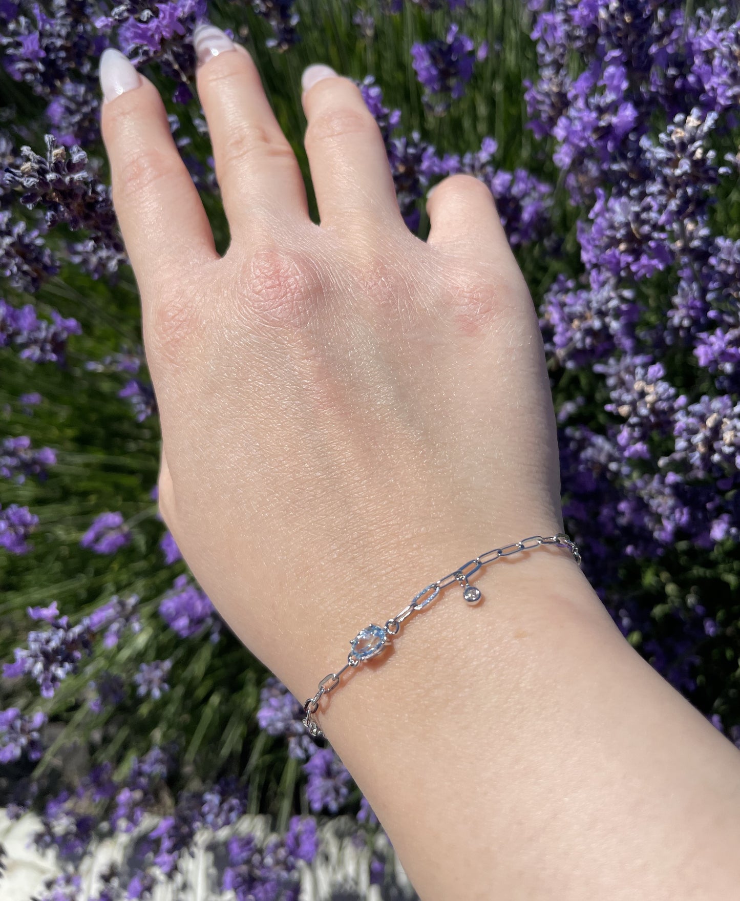 925 Sterling Silver 6x4MM Natural Aquamarine and Canadian Diamond Paperclip Bracelet