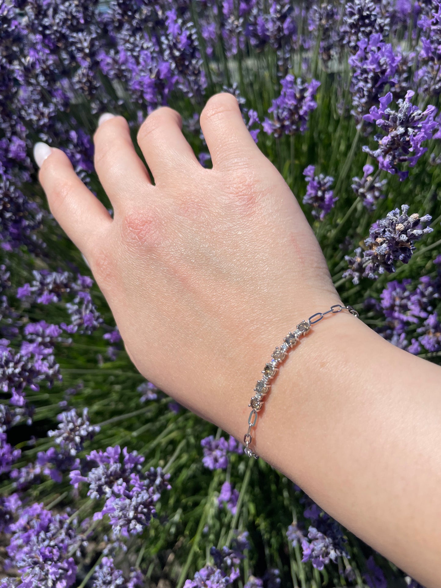 Wrist shot showcasing a silver paperclip chain bracelet with a sparkling bar of alternating coffee and white Canadian diamonds, captured in bright daylight to demonstrate scale and drape against purple lavender.