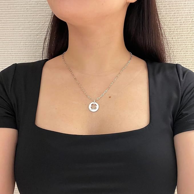 925 Sterling Silver 0.02 Ct Natural Canadian Diamond Lucky Four Leaf Clover Pendant & Paperclip Chain