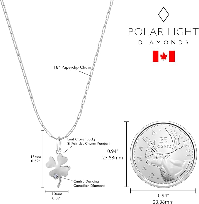 925 Sterling Silver 0.02 Ct Natural Canadian Diamond Four Leaf Clover Pendant & Paperclip Chain