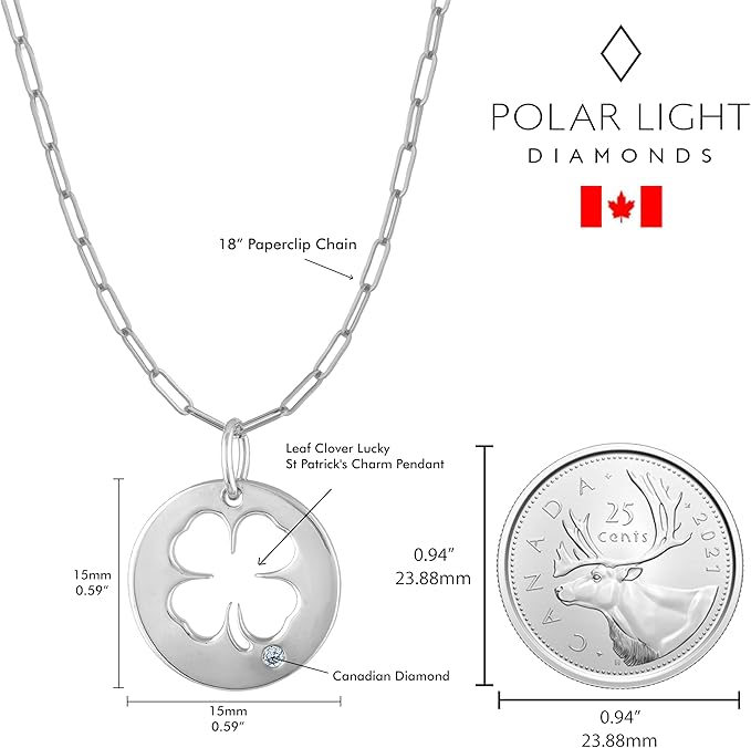 925 Sterling Silver 0.02 Ct Natural Canadian Diamond Lucky Four Leaf Clover Pendant & Paperclip Chain