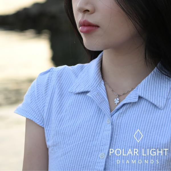 925 Sterling Silver 0.02 Ct Natural Canadian Diamond Four Leaf Clover Pendant & Paperclip Chain