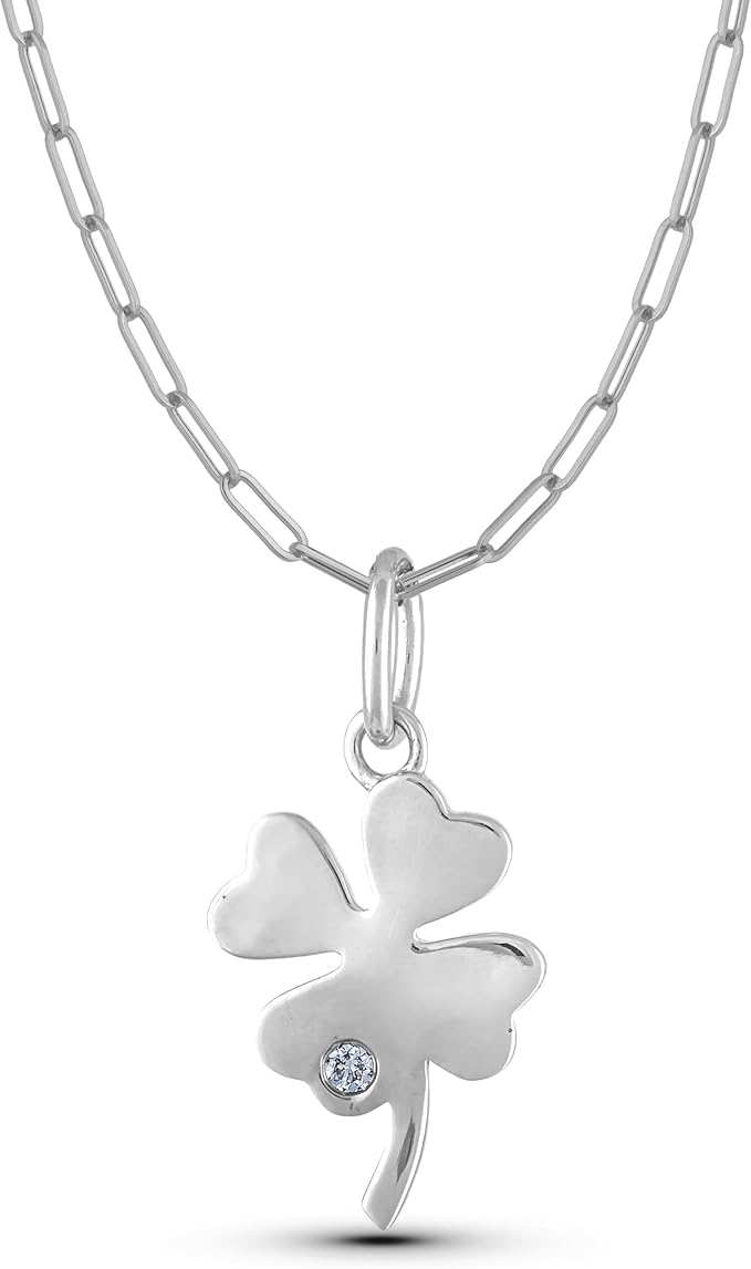 925 Sterling Silver 0.02 Ct Natural Canadian Diamond Four Leaf Clover Pendant & Paperclip Chain