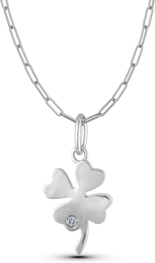 925 Sterling Silver 0.02 Ct Natural Canadian Diamond Four Leaf Clover Pendant & Paperclip Chain