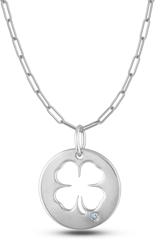 925 Sterling Silver 0.02 Ct Natural Canadian Diamond Lucky Four Leaf Clover Pendant & Paperclip Chain