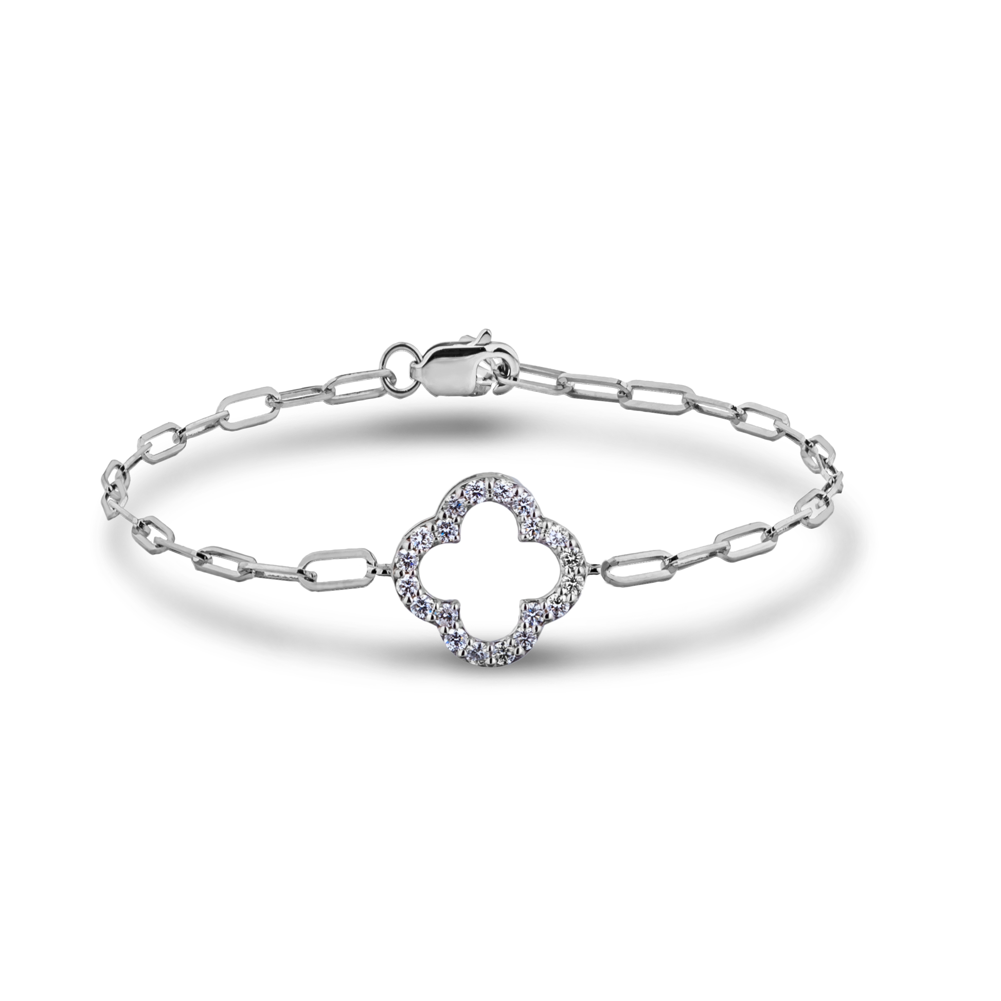 Sterling Silver 0.16 Cttw Canadian Diamond Open Clover Paperclip 7" Bracelet (I Colour, I1-I2 Clarity)