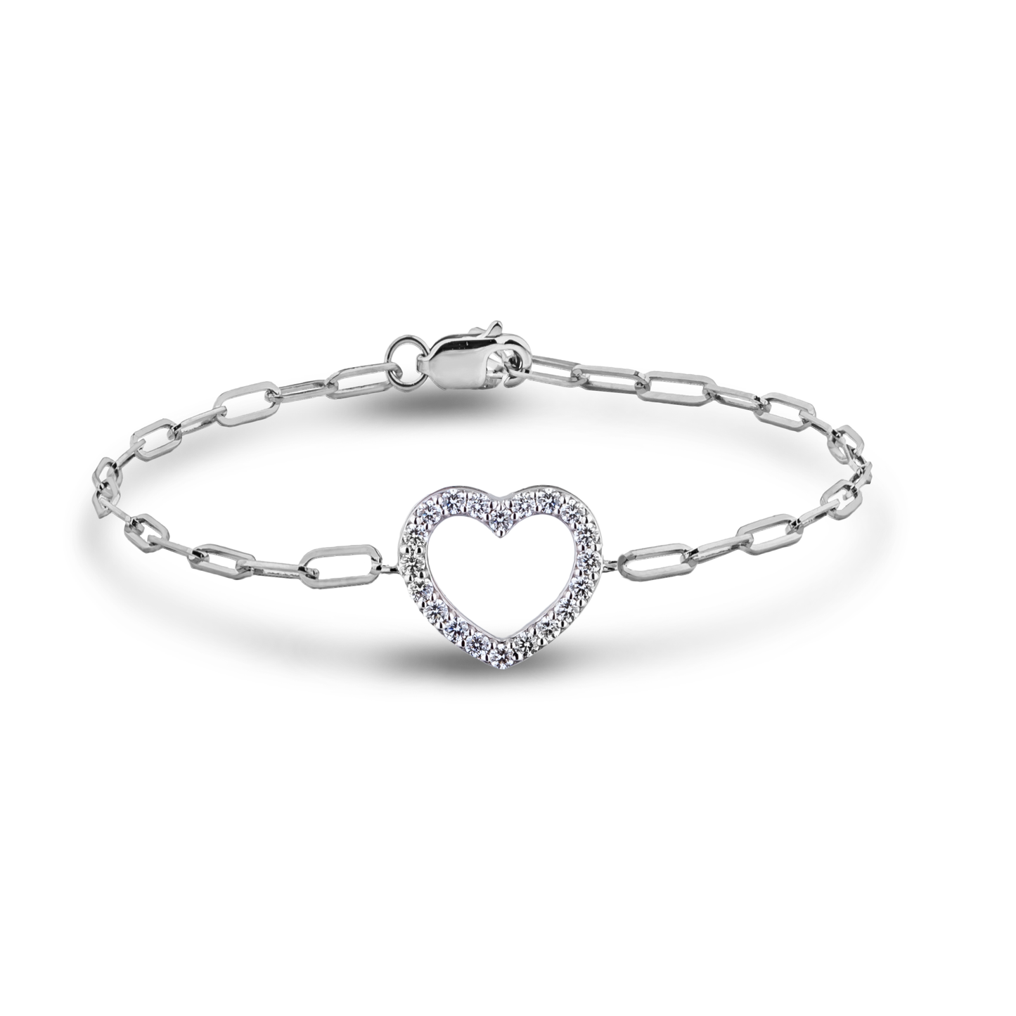 925 sterling silver heart shaped Canadian diamond paperclip bracelet with secure lobster claw clasp,