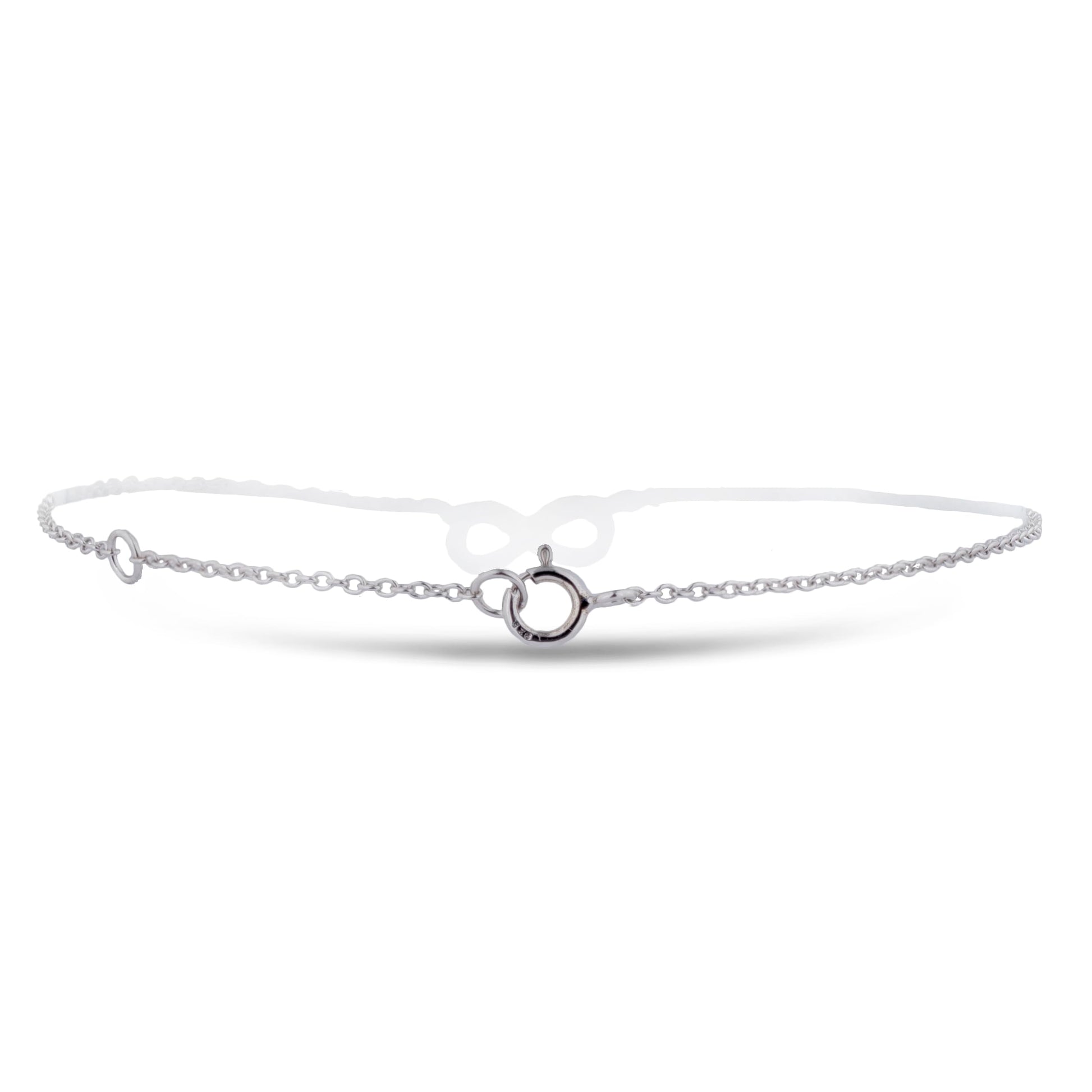 Back clasp of Sterling silver chain bracelet featuring a round brilliant cut, canadian diamond and an infinity symbol charm.