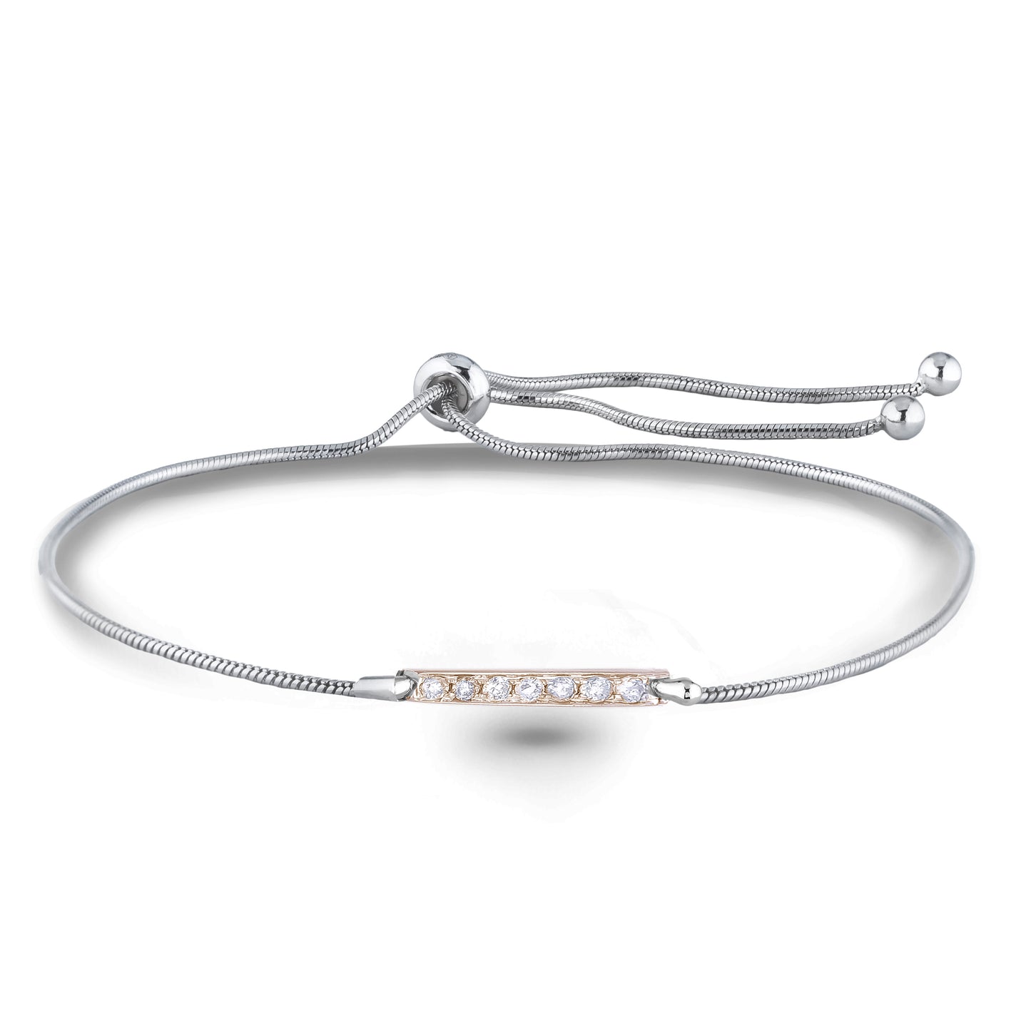 Two-tone adjustable 925 sterling silver bolo bracelet featuring a 10K yellow gold bar charm. The bar is set with brilliant-cut natural Canadian diamonds, creating a warm contrast against the polished silver chain. The bracelet is finished with a sliding clasp and beaded end caps for an easy, customizable fit on any wrist size.