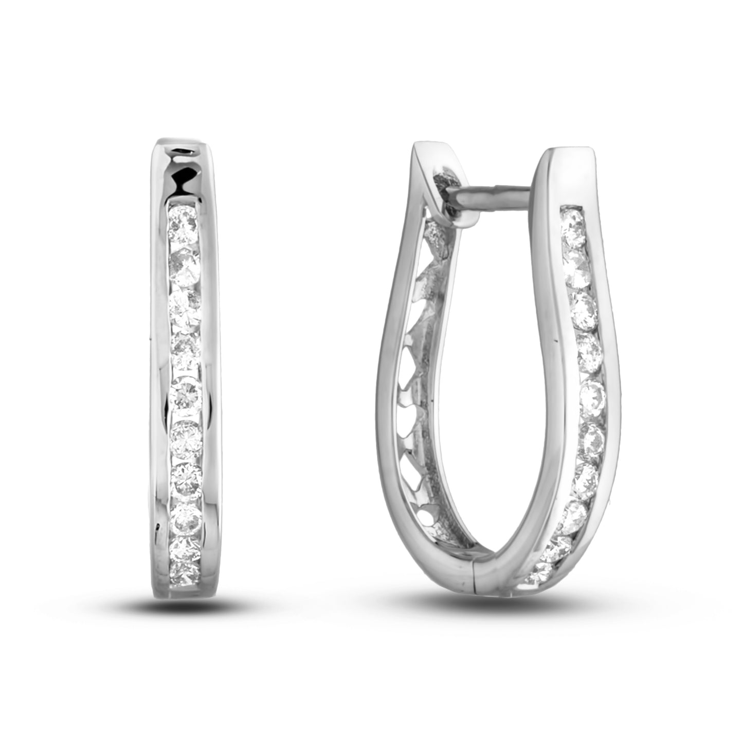 Pair of 10k white gold hoop earrings with Canadian diamonds on a white background