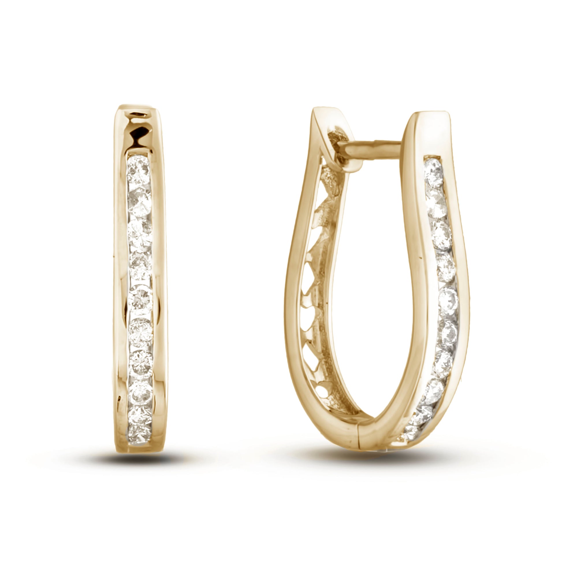 Gold hoop earrings with diamond accents on a white background
